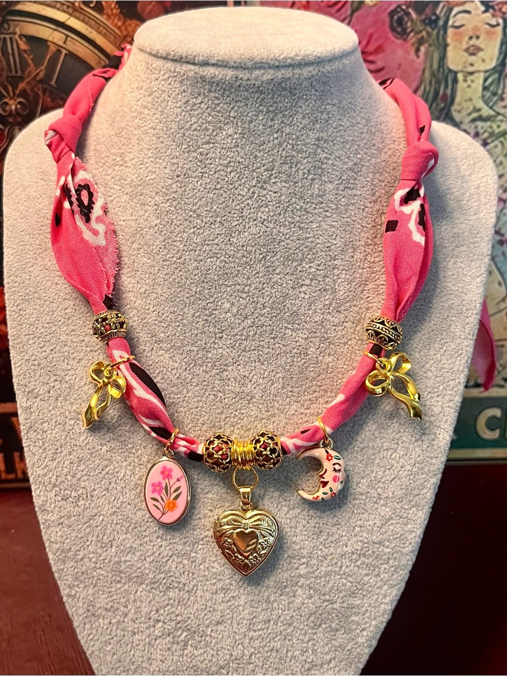 Flirty Pink Bandana Scarf Necklace  Gold Heart Locket and Whimsical Charms, 34”